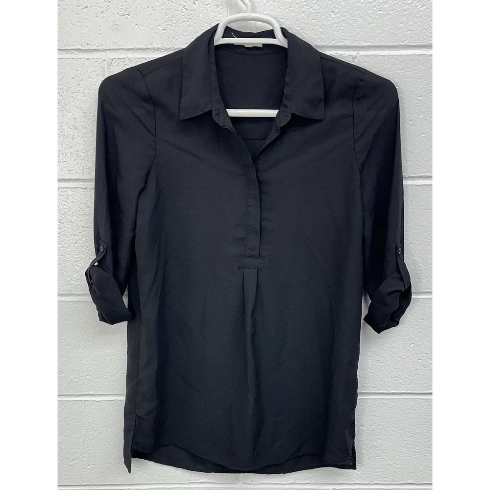 Pleione Tunic Blouse Flowy Lightweight Collar Roll Up Sleeve Black Women's Small